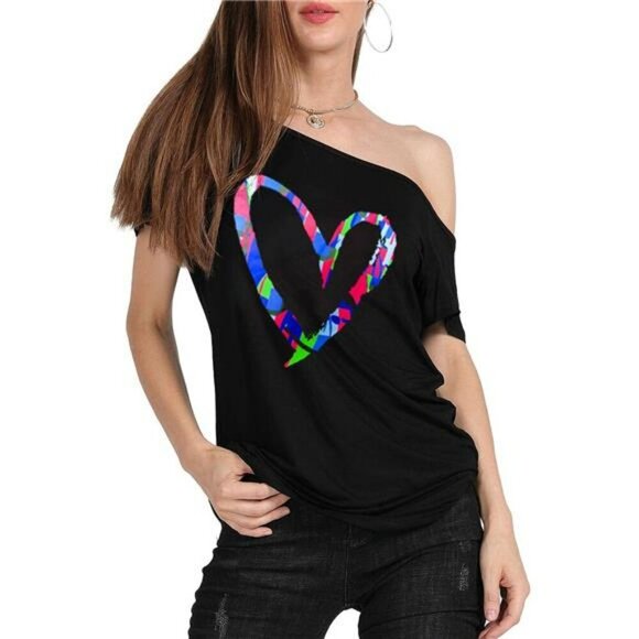 Plus Size Off Shoulder Lips Print T Shirt Casual Short Sleeve Slouchy Top - Picture 4 of 8